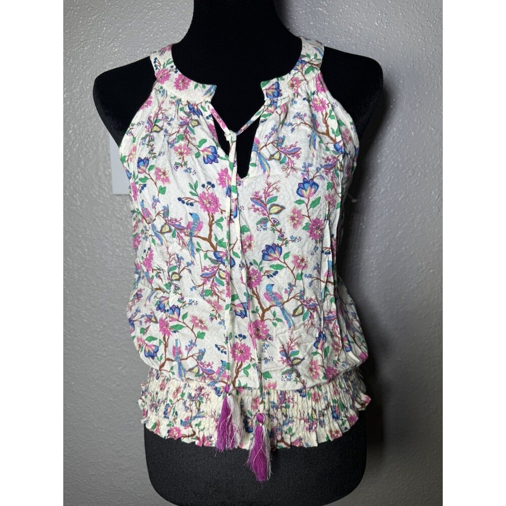 Rose & Olive NWT Floral Smocked Hem Tassel Tie Halter Top Pink Blue Boho xs